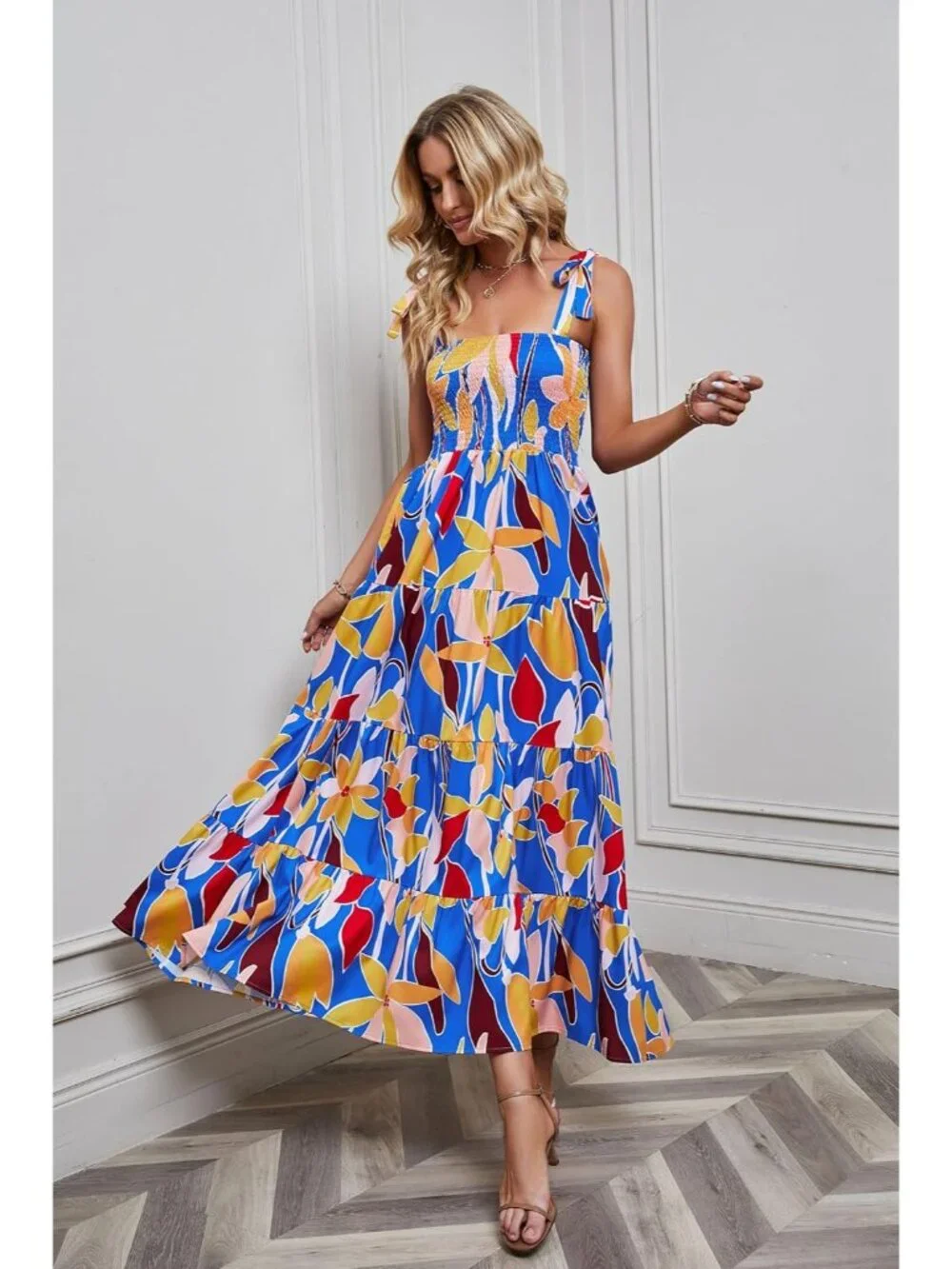 Women's Blue Yellow Sleeveless Square Neck Ruffle Casual Imported Maxi Dress - Picture 2 of 6